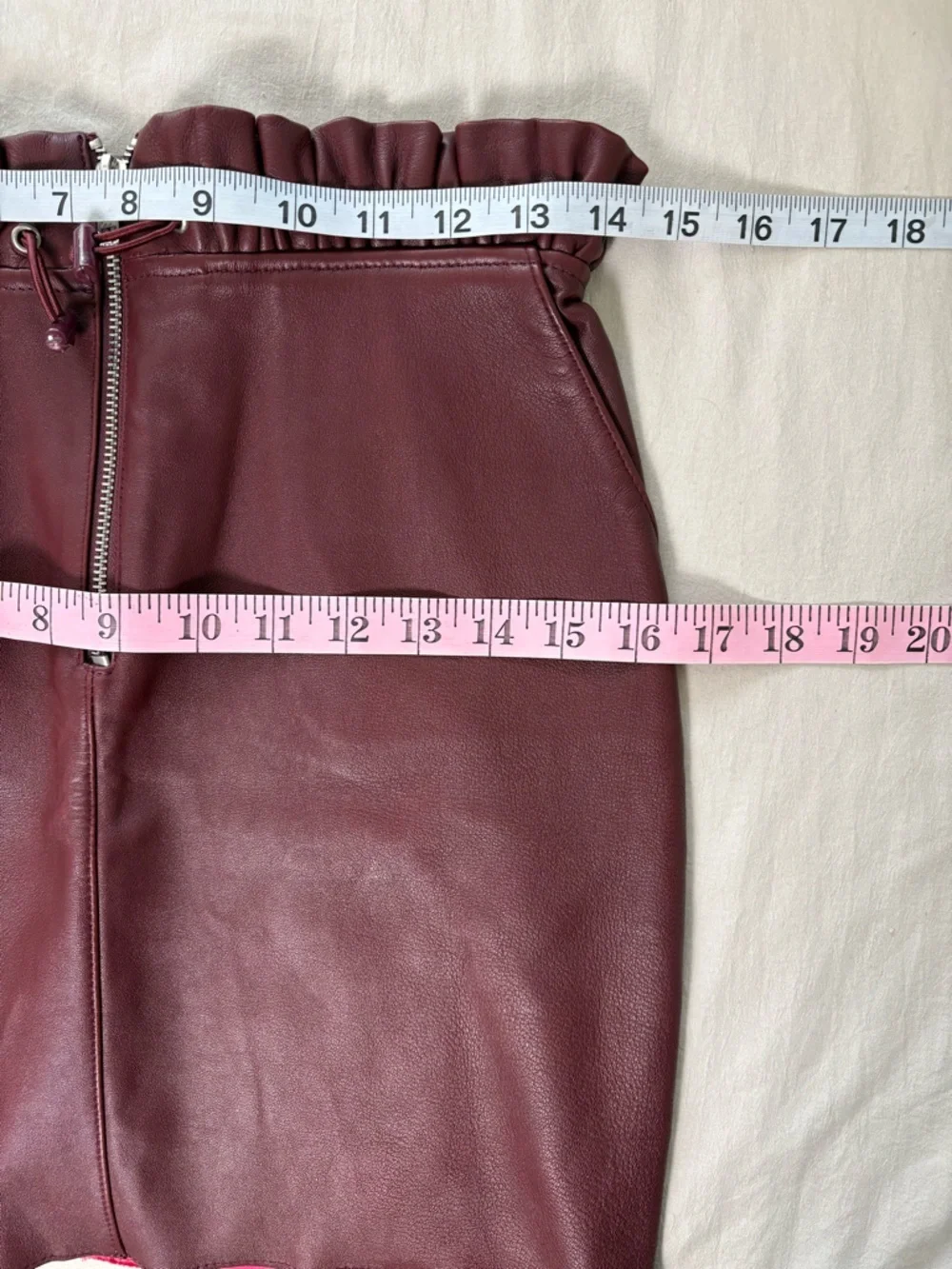 Maje Jet Leather Burgundy Paperbag Mini Skirt w/ Front Zipper and Drawstring